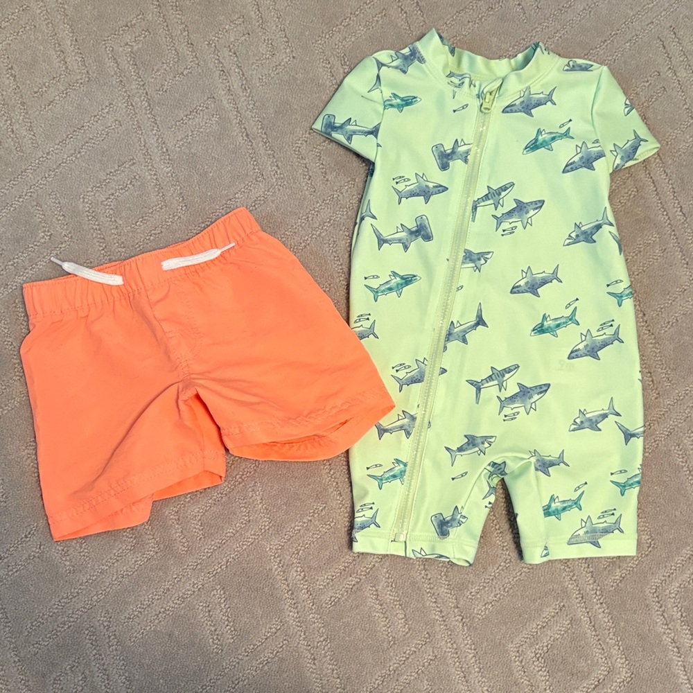 Shark Print Rashguard and Orange swim trunks